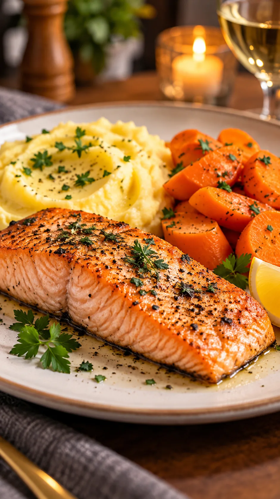 Low Fiber Diet Done Right: What to Eat, What to Skip & Why It Works 4 A delicious dinner plate featuring roasted skinless salmon, smooth yellow mashed potatoes, and soft steamed orange carrots, shot in soft appetizing restaurant lighting