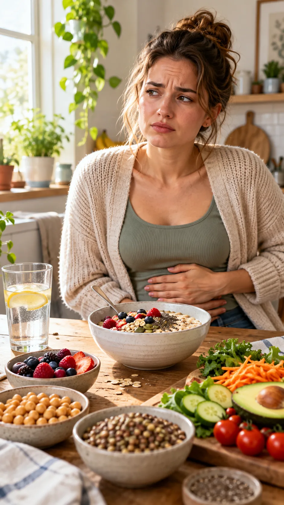 High Fiber Diet Mistakes That Keep You Bloated, Hungry & Frustrated 1 Warm realistic lifestyle food photography of a woman sitting at a kitchen table with a bowl of oats, berries, legumes, vegetables, a water glass, and a slightly concerned expression, illustrating digestive bloating after suddenly increasing dietary fiber; natural morning window light, candid healthy home setting