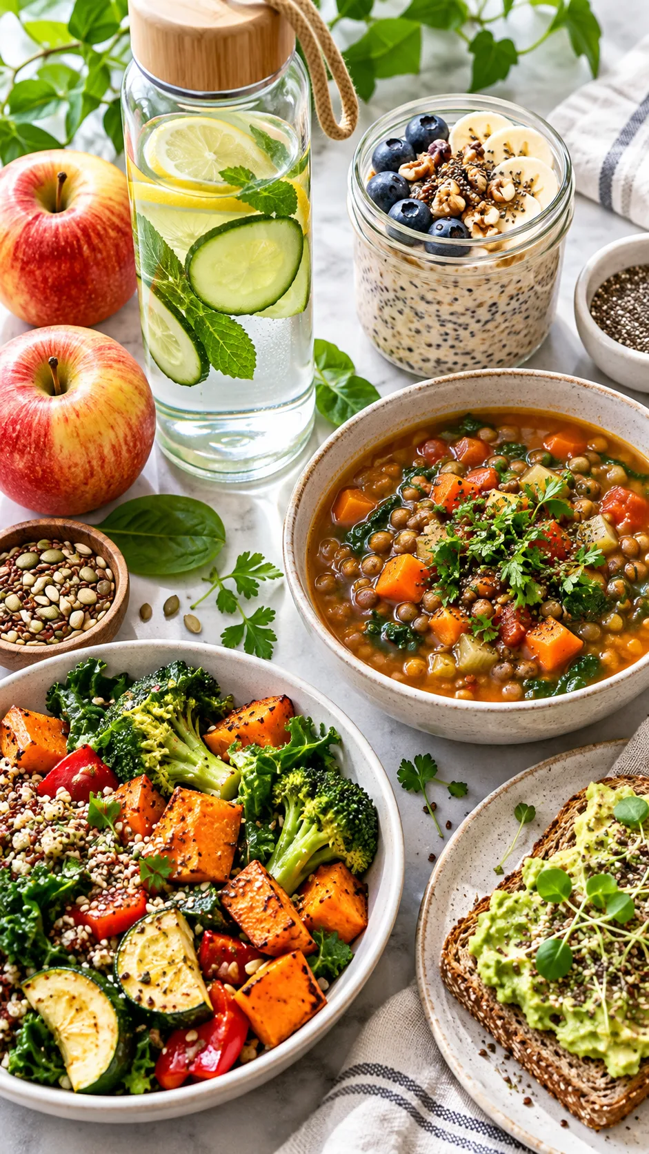 High Fiber Diet Mistakes That Keep You Bloated, Hungry & Frustrated 4 Detailed healthy nutrition flat lay showing a glass water bottle, overnight oats with chia, lentil soup, apples, cooked vegetables, and whole grain toast, with an emphasis on hydration supporting a high fiber diet; bright clean editorial food photography
