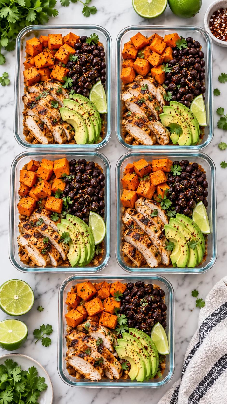 Overhead flat lay of five glass meal prep containers filled with vibrant roasted sweet potato cubes, spiced black beans, grilled chicken strips, sliced avocado, and fresh lime wedges on a clean marble kitchen counter.
