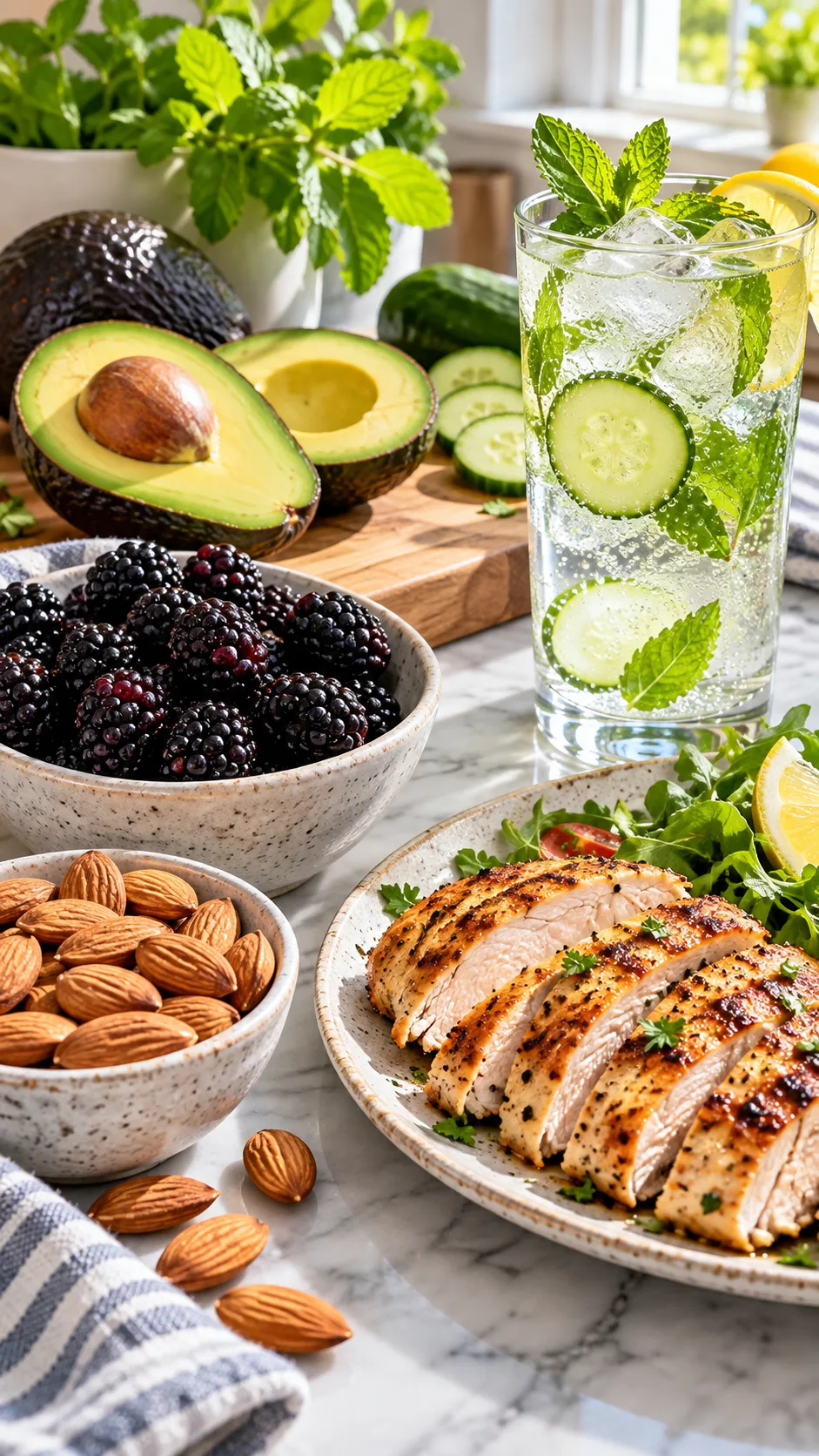 The Low Sugar Diet Plan That Finally Makes Cutting Sugar Feel Easy 1 A vibrant, delicious kitchen counter spread showing healthy low-sugar foods: ripe avocado halves, bowls of fresh blackberries, raw almonds, grilled chicken breast slices, and infused iced sparkling water with mint and cucumber slices, shot in bright natural morning light.