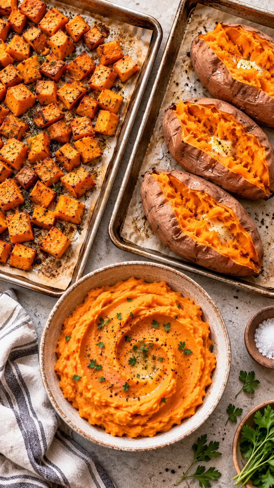 Three baking sheets showcasing different sweet potato meal prep methods: golden roasted diced cubes, fork-split baked sweet potato jackets, and smooth mashed sweet potatoes in a rustic ceramic bowl.