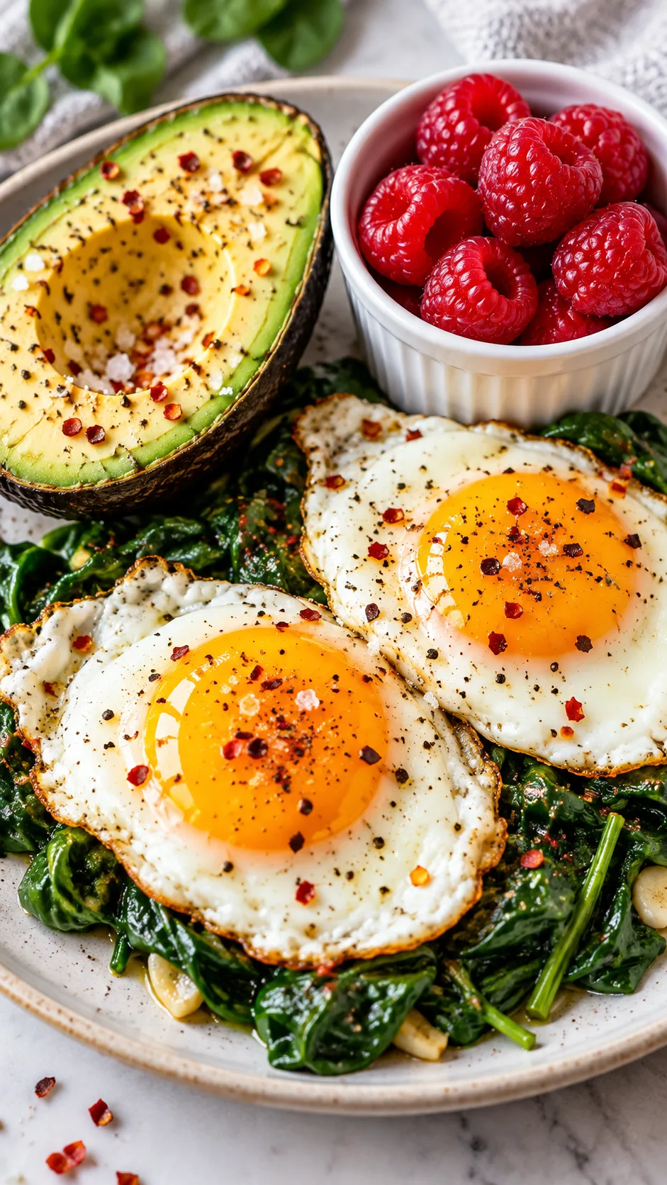 The Low Sugar Diet Plan That Finally Makes Cutting Sugar Feel Easy 2 Close-up of a vibrant low-sugar breakfast: two sunny-side-up pastured eggs on a bed of fresh sauteed spinach, half a ripe hass avocado sprinkled with sea salt and chili flakes, and a small ramekin of fresh organic raspberries.