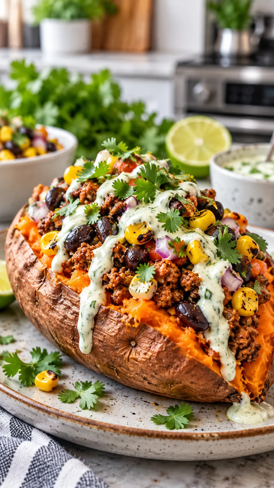 Close-up of a Tex-Mex stuffed sweet potato topped with spiced ground turkey, black beans, charred corn, fresh cilantro, and a drizzle of lime crema in a modern kitchen setting.