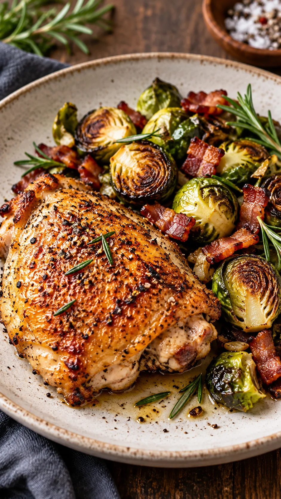 The Low Sugar Diet Plan That Finally Makes Cutting Sugar Feel Easy 3 A delicious, restaurant-quality low-sugar dinner on a ceramic plate: crispy skin-on baked chicken thigh served beside roasted caramelized Brussels sprouts with bacon lardons and fresh rosemary garnish.