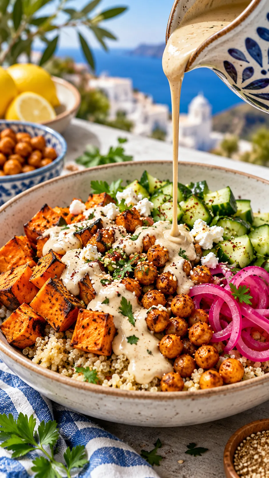 Vibrant Mediterranean sweet potato bowl with fluffy quinoa, roasted chickpeas, diced cucumbers, pickled red onions, and creamy tahini dressing being drizzled from a ceramic pitcher.