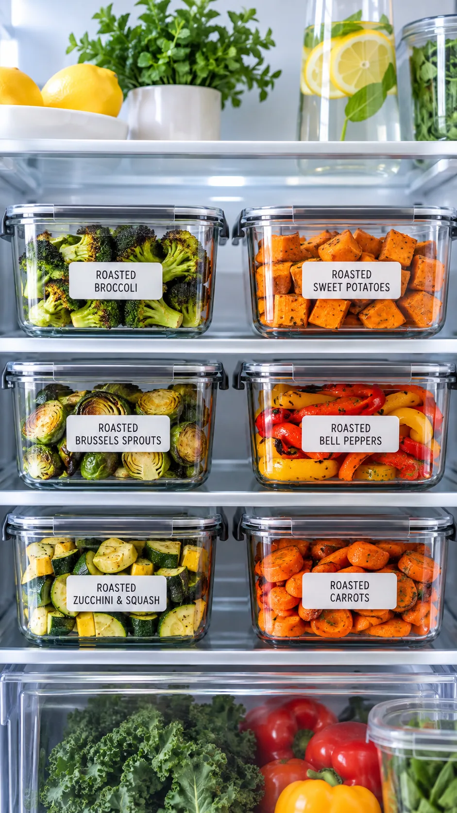 Neatly arranged glass food storage meal prep containers inside a clean, modern refrigerator shelf displaying clearly labeled compartments with roasted vegetables and sweet potatoes.