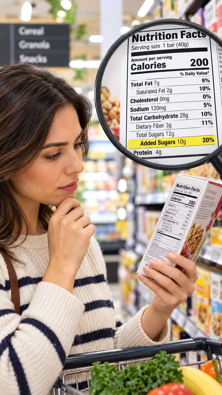 The Low Sugar Diet Plan That Finally Makes Cutting Sugar Feel Easy 4 A consumer holding an packaged item in a bright modern grocery store aisle, closely inspecting the nutrition facts label with magnifying focus on the added sugars section.
