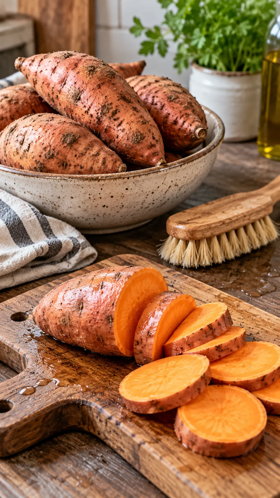 Rustic kitchen scene with a bowl of whole raw unpeeled sweet potatoes next to a vegetable brush and a cutting board with freshly scrubbed sliced potatoes.