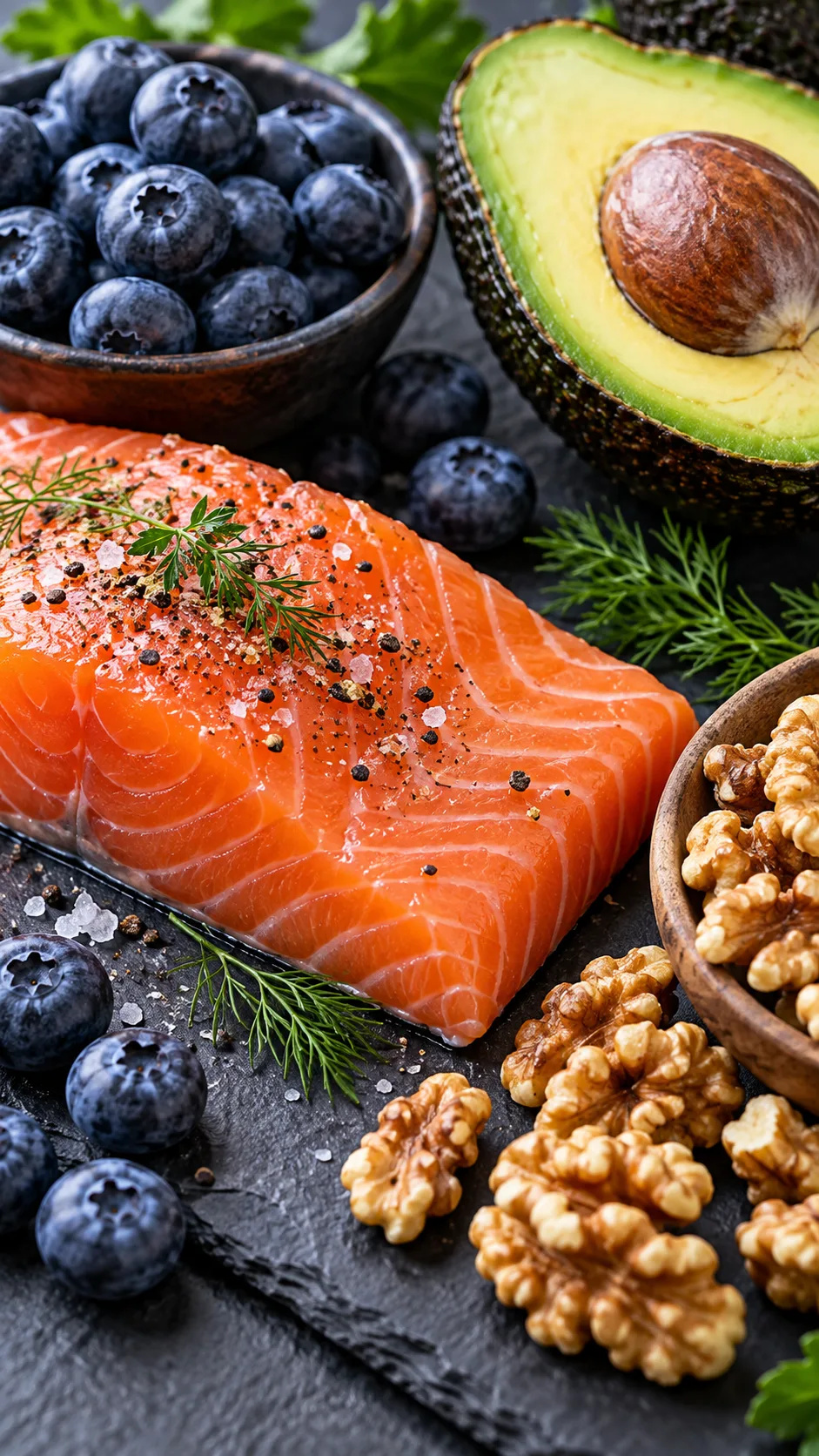 The Lipedema Diet Plan That Actually Reduces Inflammation (Not Just Calories) 2 Close up macro photograph of fresh anti inflammatory whole foods including wild salmon fillet, raw walnuts, fresh blueberries, and avocado arranged neatly on a dark slate background with natural soft lighting