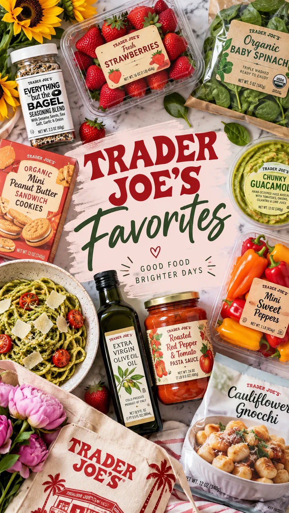 Overhead aesthetic flat-lay of colorful Trader Joe