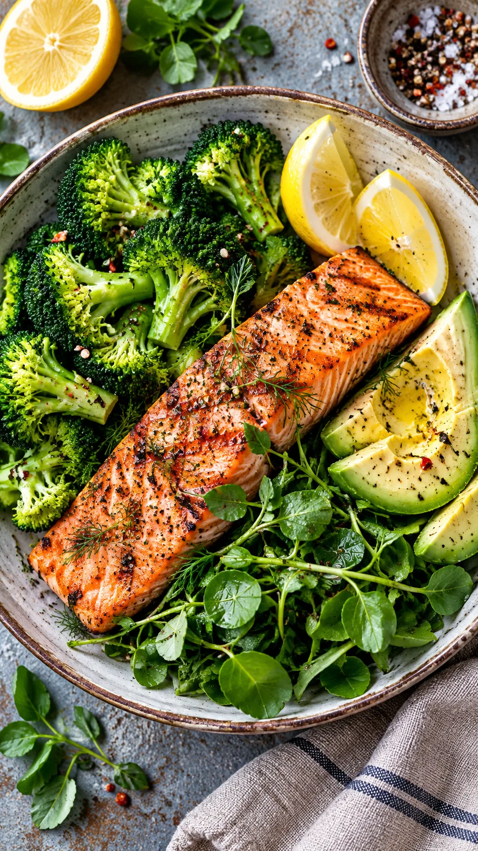 The Lipedema Diet Plan That Actually Reduces Inflammation (Not Just Calories) 3 Overhead vibrant photo of a colorful anti-inflammatory dinner bowl featuring wild grilled salmon, steamed broccoli, quartered avocado, fresh watercress, and lemon wedges on a rustic ceramic plate