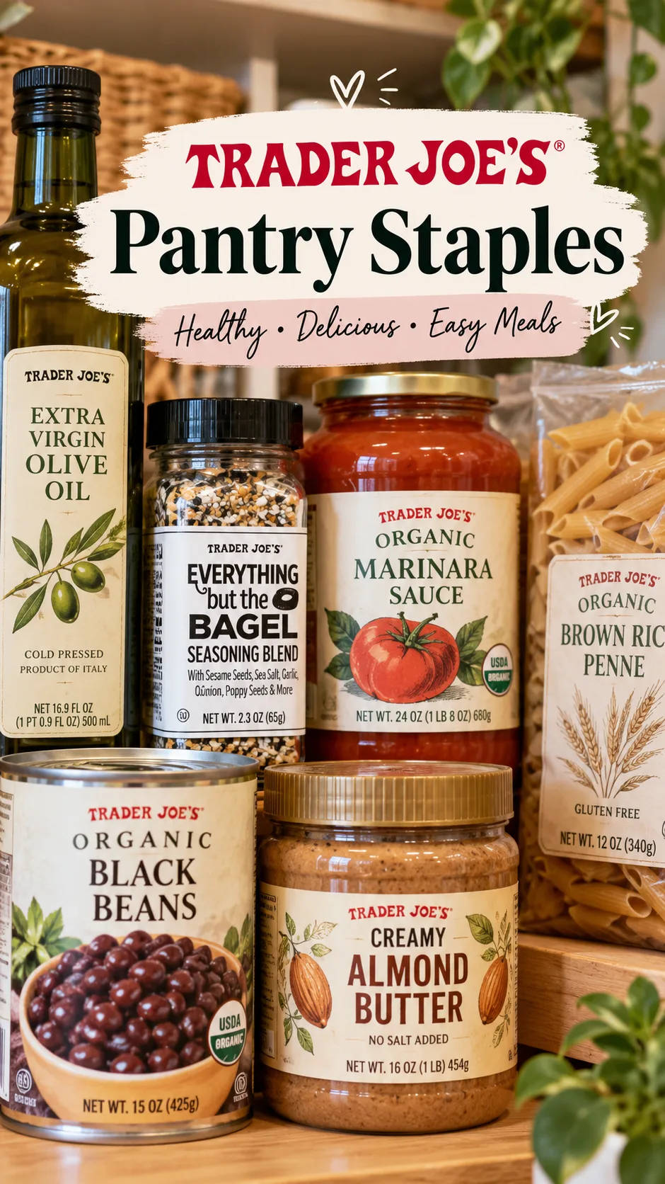 Close-up pantry shot of several Trader Joe