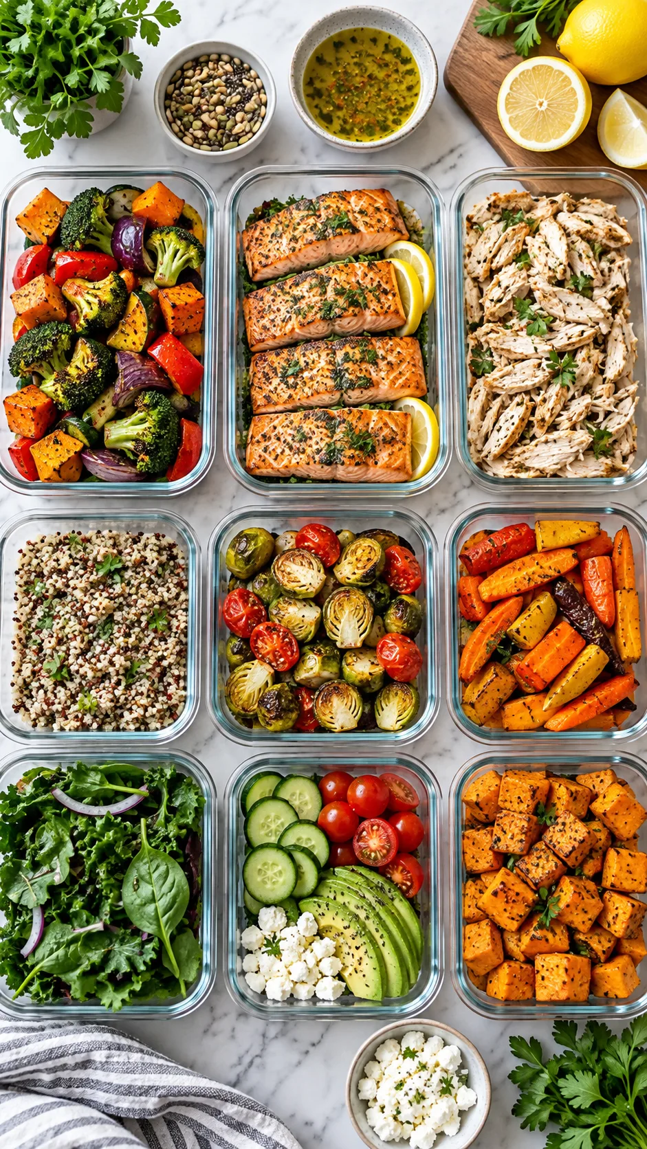The Lipedema Diet Plan That Actually Reduces Inflammation (Not Just Calories) 4 Overhead flat lay photo of a weekly healthy meal prep array featuring glass containers filled with colorful roasted vegetables, grilled salmon, shredded chicken, and leafy greens on a marble kitchen island