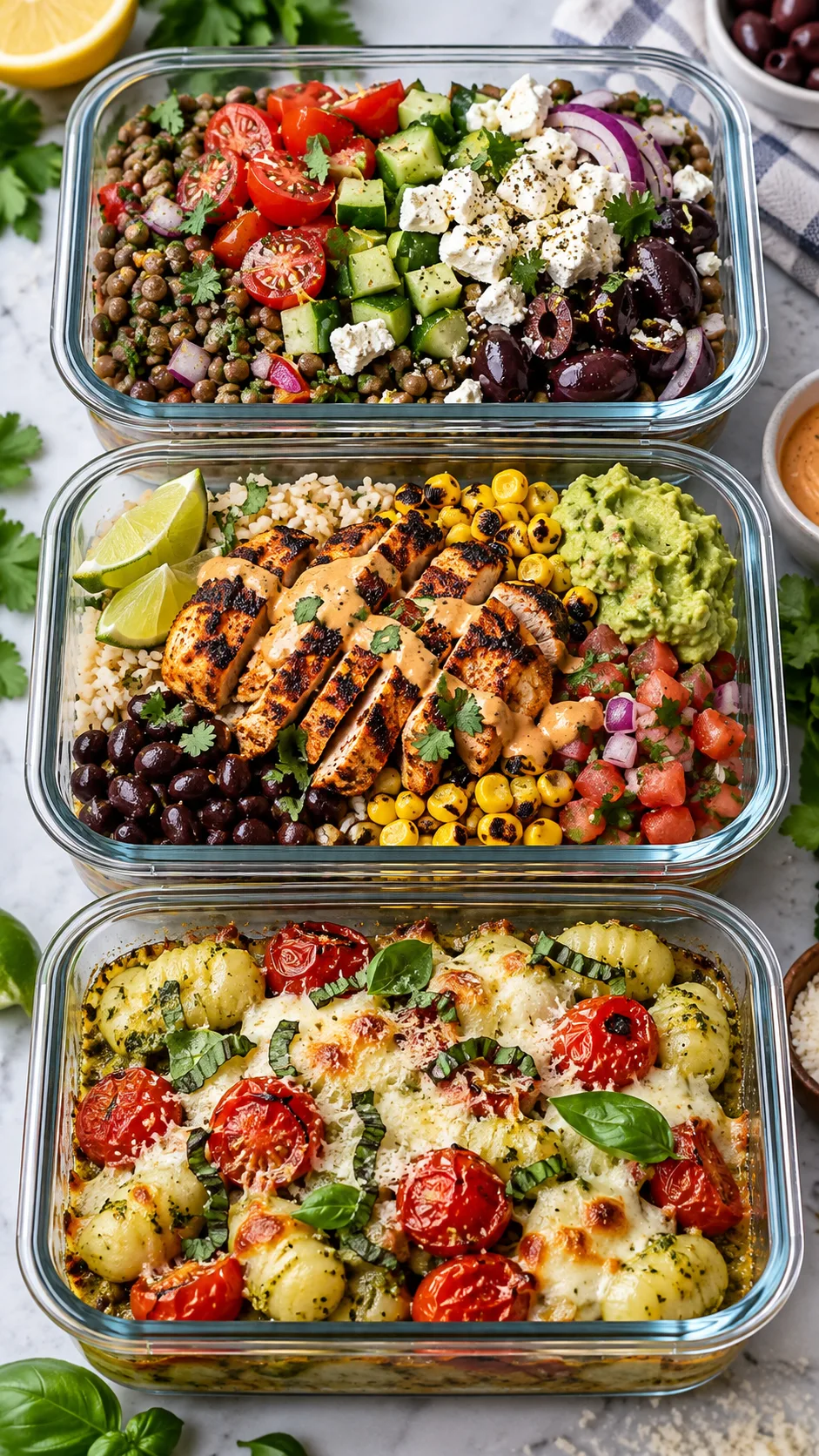 Three clear glass meal prep containers filled with distinct meals: a Mediterranean lentil bowl with feta and olives, a vibrant chipotle-style chicken burrito bowl with charred corn, and a pesto gnocchi bake with blistered cherry tomatoes