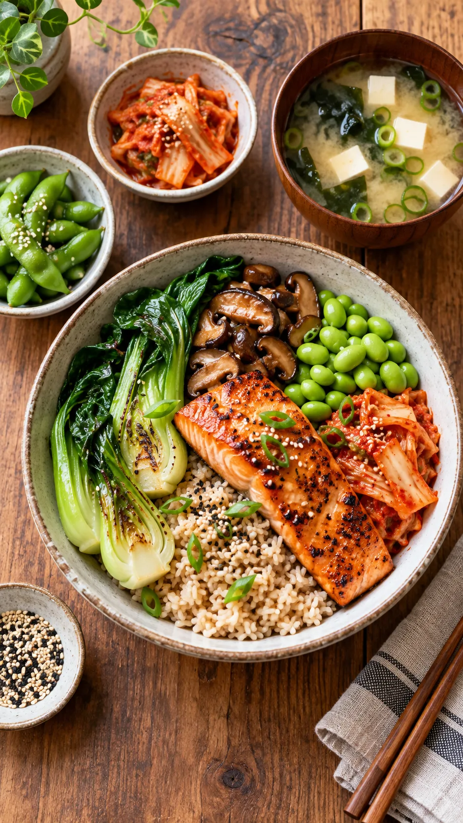 The Asian Diet Plan That Makes Healthy Eating Feel Effortless 1 Bright natural-light overhead food photography of a balanced Asian-inspired meal: brown rice, grilled salmon, bok choy, mushrooms, edamame, kimchi, and miso soup arranged in ceramic bowls on a warm wooden table, realistic home cooking style
