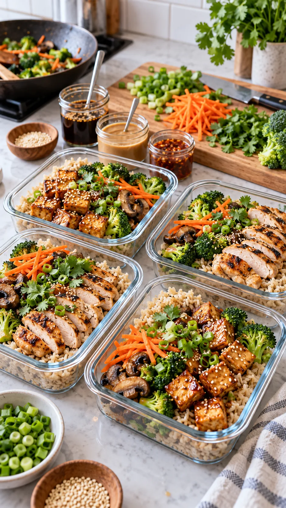The Asian Diet Plan That Makes Healthy Eating Feel Effortless 3 Authentic home kitchen scene showing meal prep for Asian-inspired healthy lunches: containers filled with brown rice, sesame tofu, stir-fried broccoli, carrots, mushrooms, grilled chicken, chopped herbs, and small sauce jars, crisp editorial food photography
