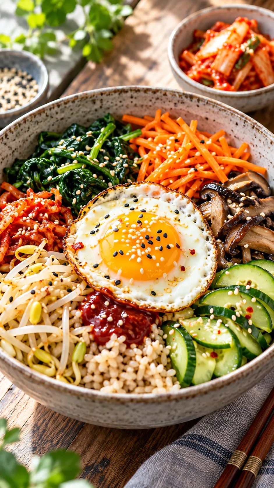 The Asian Diet Plan That Makes Healthy Eating Feel Effortless 4 Close-up editorial food photograph of Korean-inspired bibimbap bowl with colorful sautéed vegetables, spinach, carrots, mushrooms, cucumber, a fried egg, brown rice, sesame seeds, and small side dish of kimchi, bright daylight