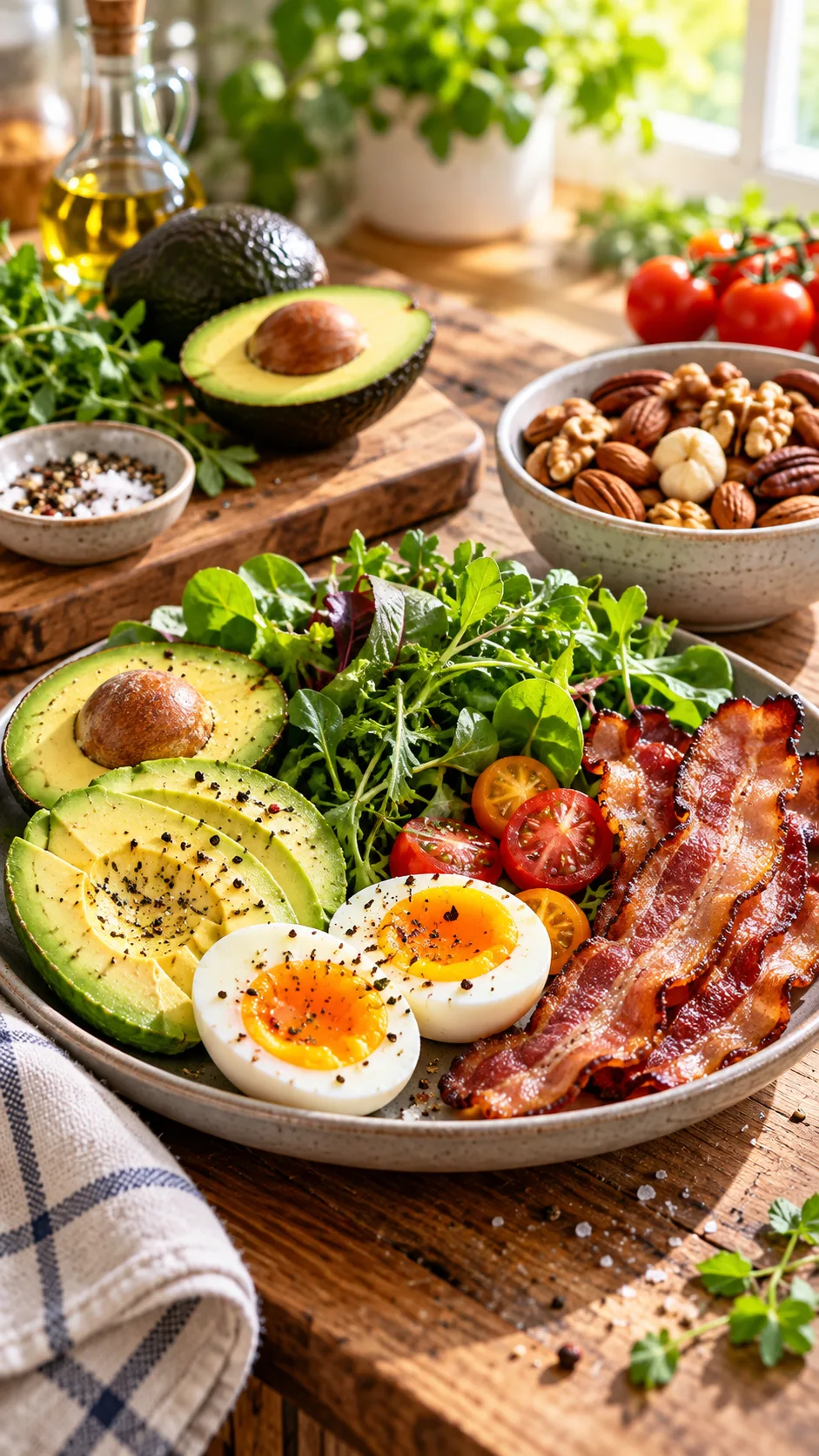Your First Week on Keto: A Beginner Meal Plan That Actually Makes It Easy 1 A delicious, colorful beginner keto meal spread on a rustic wooden kitchen counter featuring avocado halves, cooked bacon strips, soft-boiled eggs, fresh leafy greens, and a bowl of mixed nuts, bright natural morning lighting.