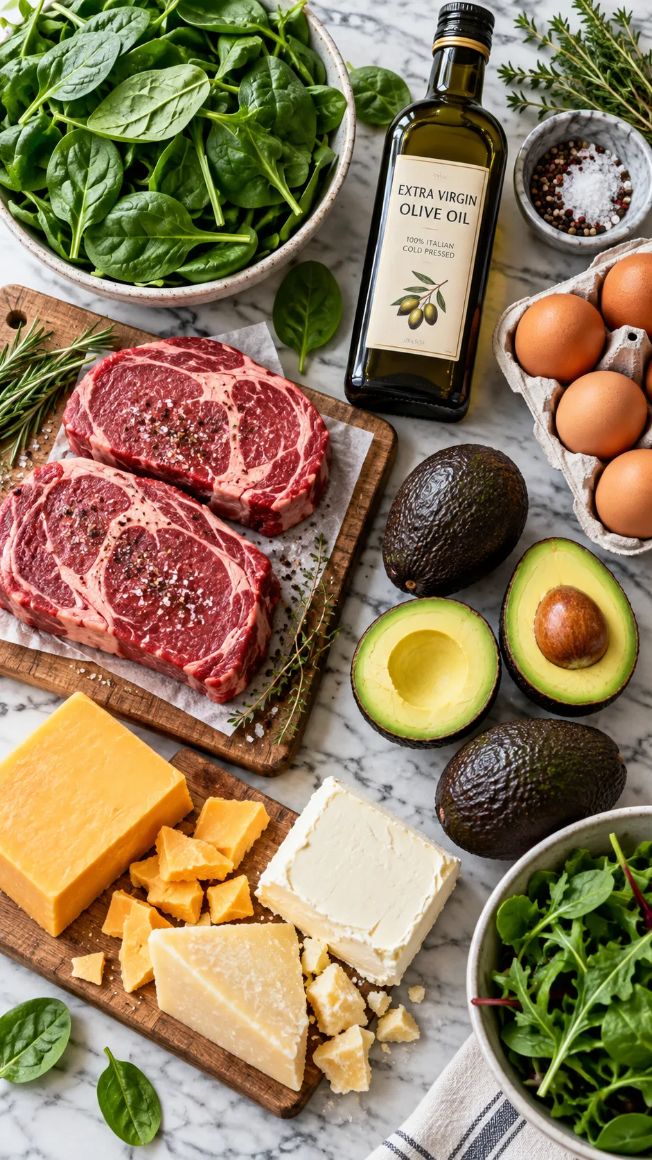 Your First Week on Keto: A Beginner Meal Plan That Actually Makes It Easy 2 Flat lay photography of organized keto grocery items on a marble kitchen island including grass-fed beef, avocados, block cheeses, olive oil bottle, fresh spinach, and eggs.