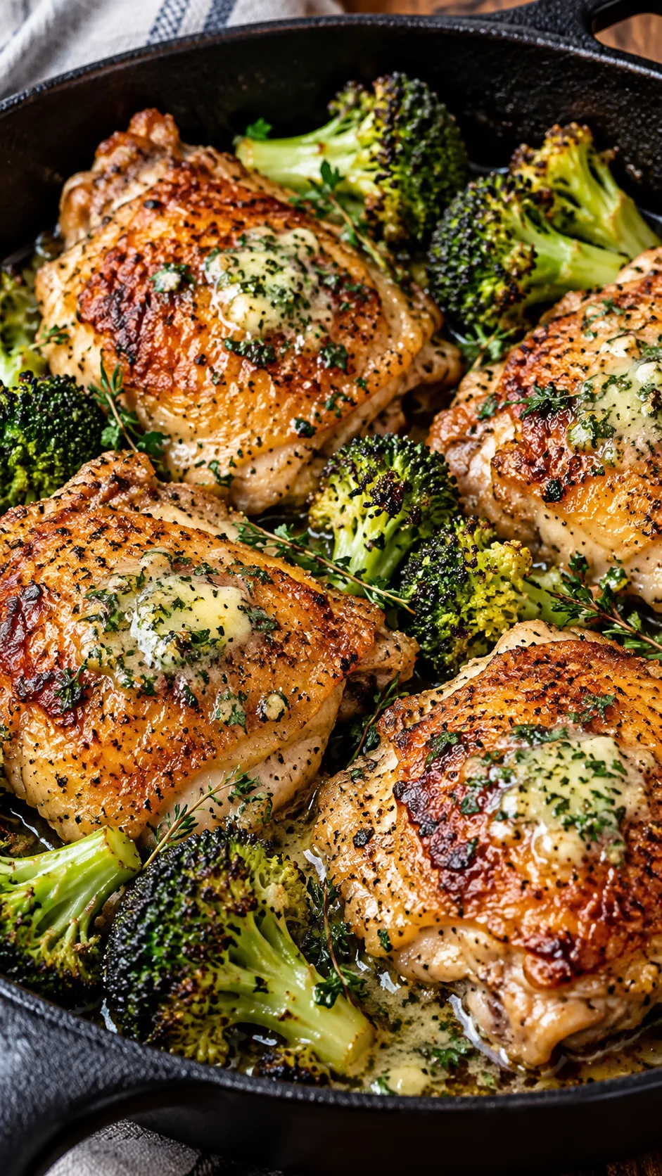 Your First Week on Keto: A Beginner Meal Plan That Actually Makes It Easy 3 Close up photograph of pan-seared chicken thighs with golden crispy skin, served with roasted green broccoli and melted herb butter in a black cast iron skillet.