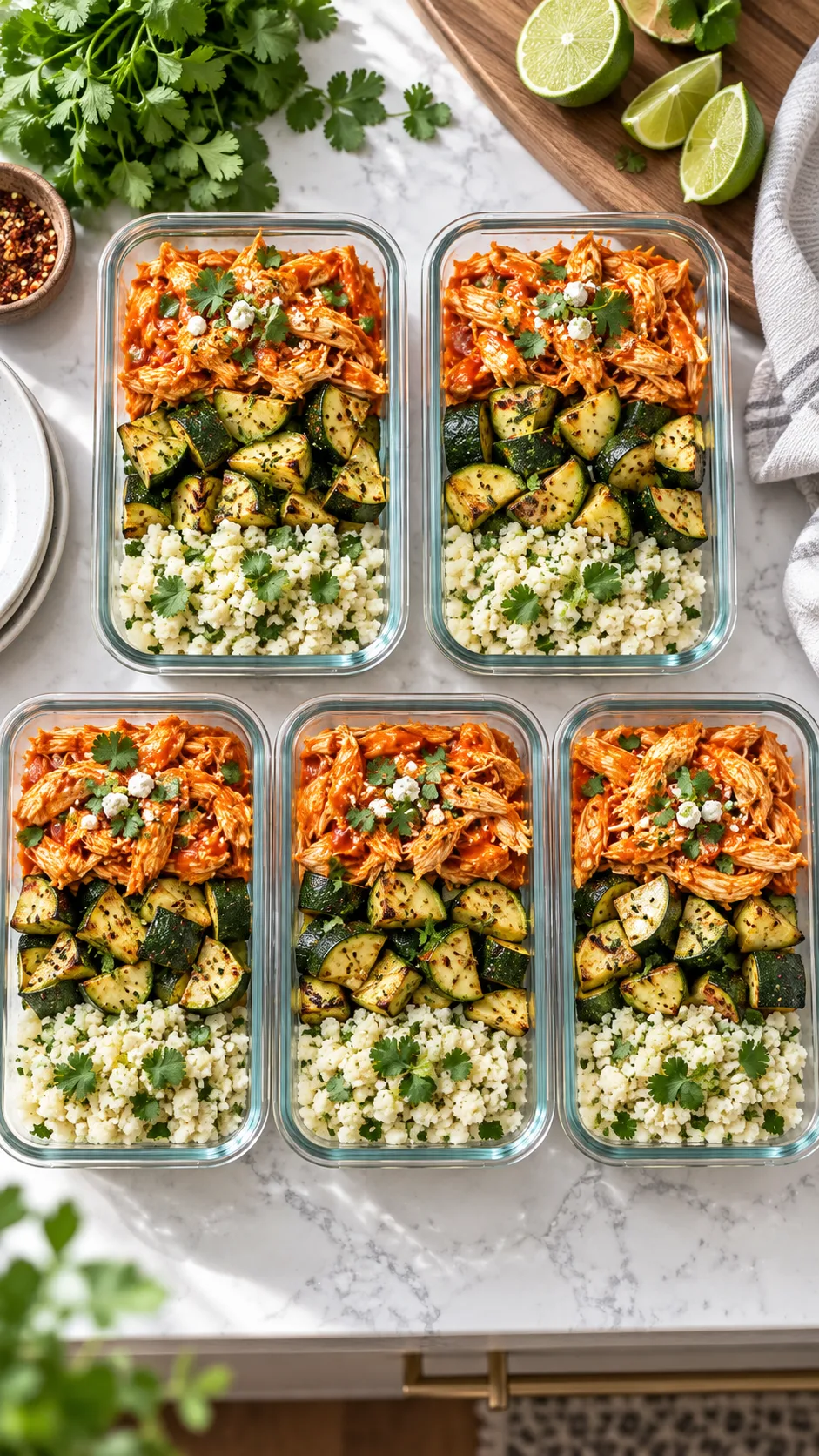 High Protein Low Calorie Meal Prep That Actually Keeps You Full All Week 1 Five matching glass meal prep containers arranged neatly on a modern kitchen counter, filled with vibrant shredded buffalo chicken, crisp roasted zucchini, and cilantro cauliflower rice, bright natural light, top-down editorial food photography