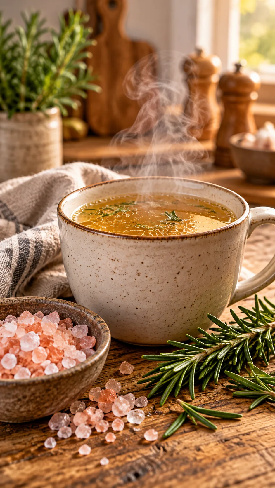 Your First Week on Keto: A Beginner Meal Plan That Actually Makes It Easy 4 A steaming mug of rich amber bone broth on a cozy kitchen table next to a dish of coarse Himalayan pink salt crystals and fresh rosemary sprigs.