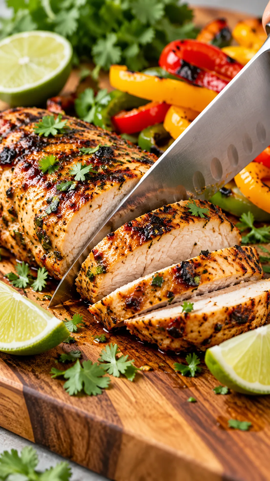 High Protein Low Calorie Meal Prep That Actually Keeps You Full All Week 2 Close up of a stainless steel chef knife slicing marinated grilled chicken breast on an acacia wood cutting board, surrounded by fresh lime wedges, chopped cilantro, and colorful bell peppers