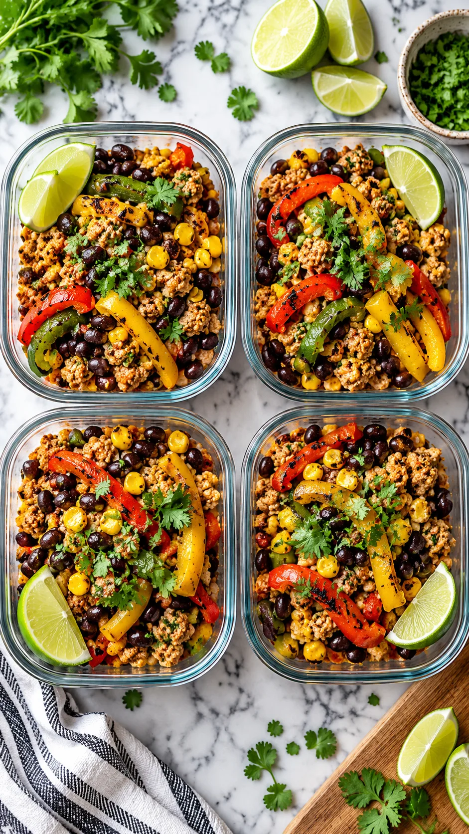 High Protein Low Calorie Meal Prep That Actually Keeps You Full All Week 3 Overhead view of four meal prep bowls filled with lean ground turkey taco skillet mix, black beans, charred corn, blistered bell peppers, and fresh lime wedges, sitting on a marble kitchen surface