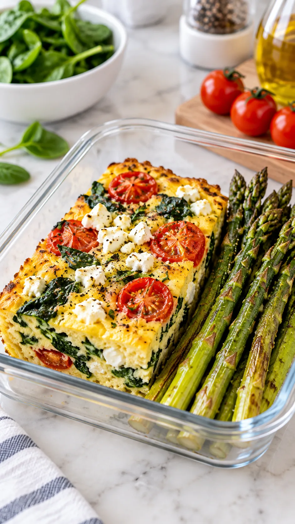 High Protein Low Calorie Meal Prep That Actually Keeps You Full All Week 4 Clean, bright kitchen photograph showing a rectangular meal prep container holding a thick golden egg frittata slice with feta, spinach, and cherry tomatoes, served alongside fresh roasted asparagus spears