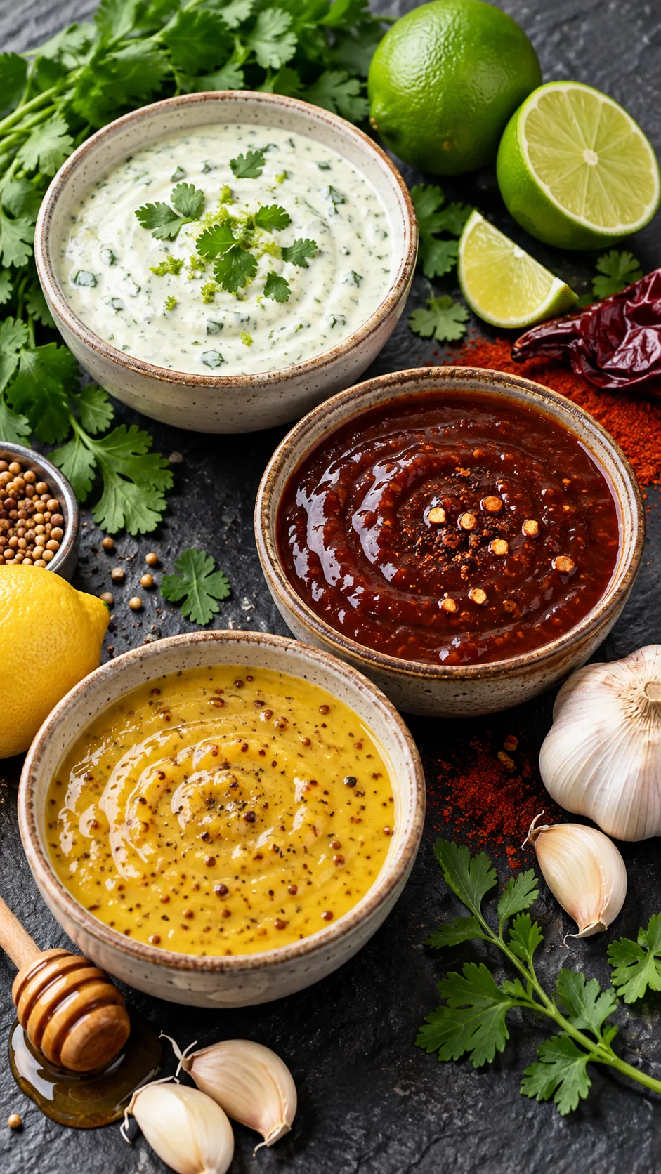 High Protein Low Calorie Meal Prep That Actually Keeps You Full All Week 5 Three small ceramic dipping bowls containing homemade low-calorie sauces: creamy cilantro lime yogurt sauce, smoky spicy barbecue, and yellow garlic mustard glaze, surrounded by whole fresh ingredients on a slate background