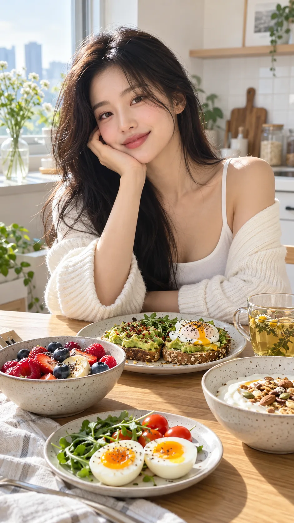Editorial lifestyle photography of a stylish young Korean woman inspired by a K-pop wellness routine, sitting at a bright kitchen table with a balanced breakfast of avocado toast, berries, eggs, yogurt, and herbal tea, natural window light, clean minimal setting, no logos, realistic food photography