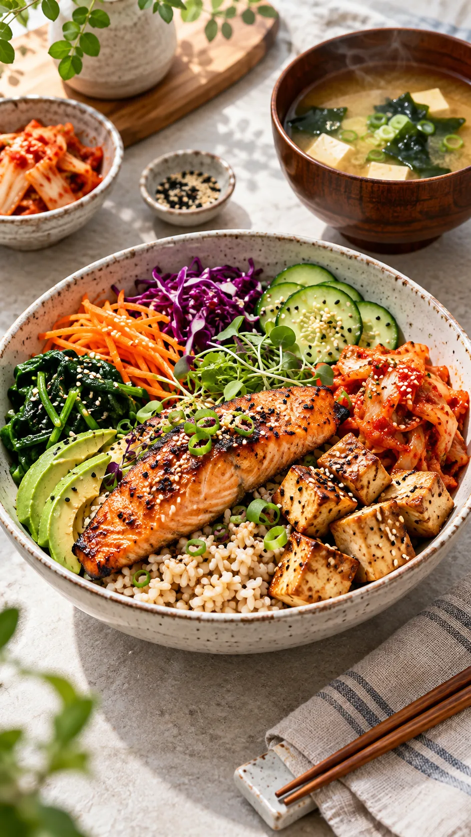 High-end editorial food photography of a balanced Korean-inspired lunch bowl with brown rice, grilled salmon, tofu, colorful vegetables, kimchi, cucumber, sesame seeds, and miso soup on a clean table, bright natural light, realistic and appetizing