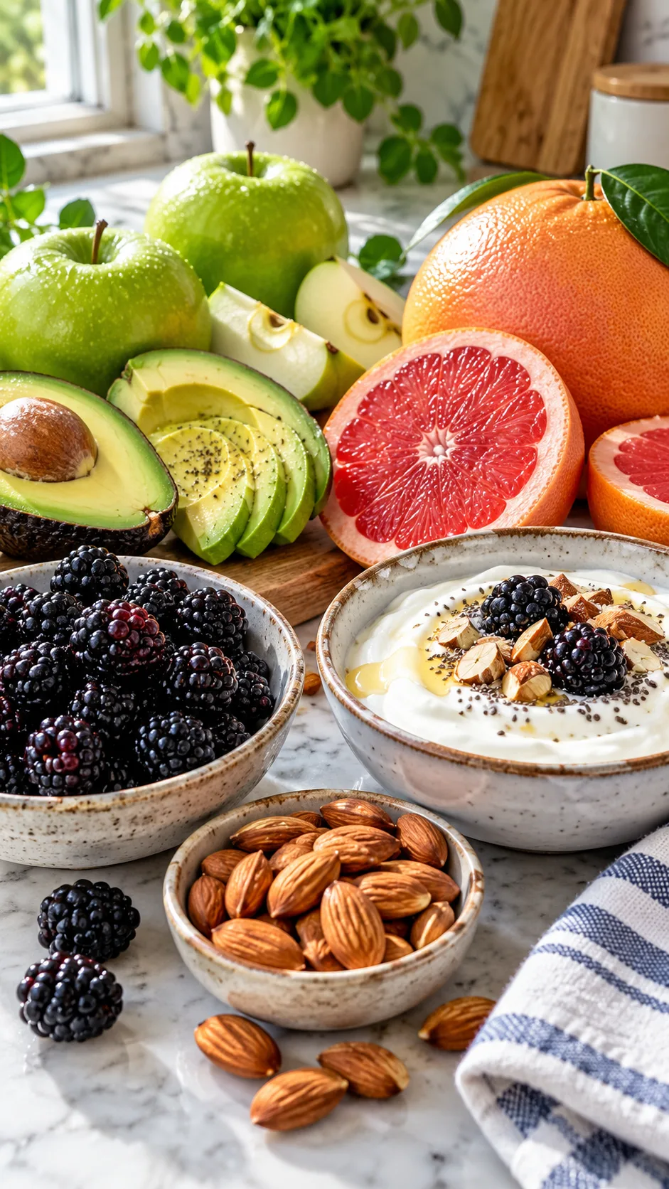 The Fruit Diet Plan That Actually Keeps You Full (No Starving Required) 1 A vibrant, delicious kitchen counter spread showing a variety of fresh high-satiety fruits like blackberries, sliced avocado, green apples, and whole grapefruits alongside raw almonds and Greek yogurt in natural morning light
