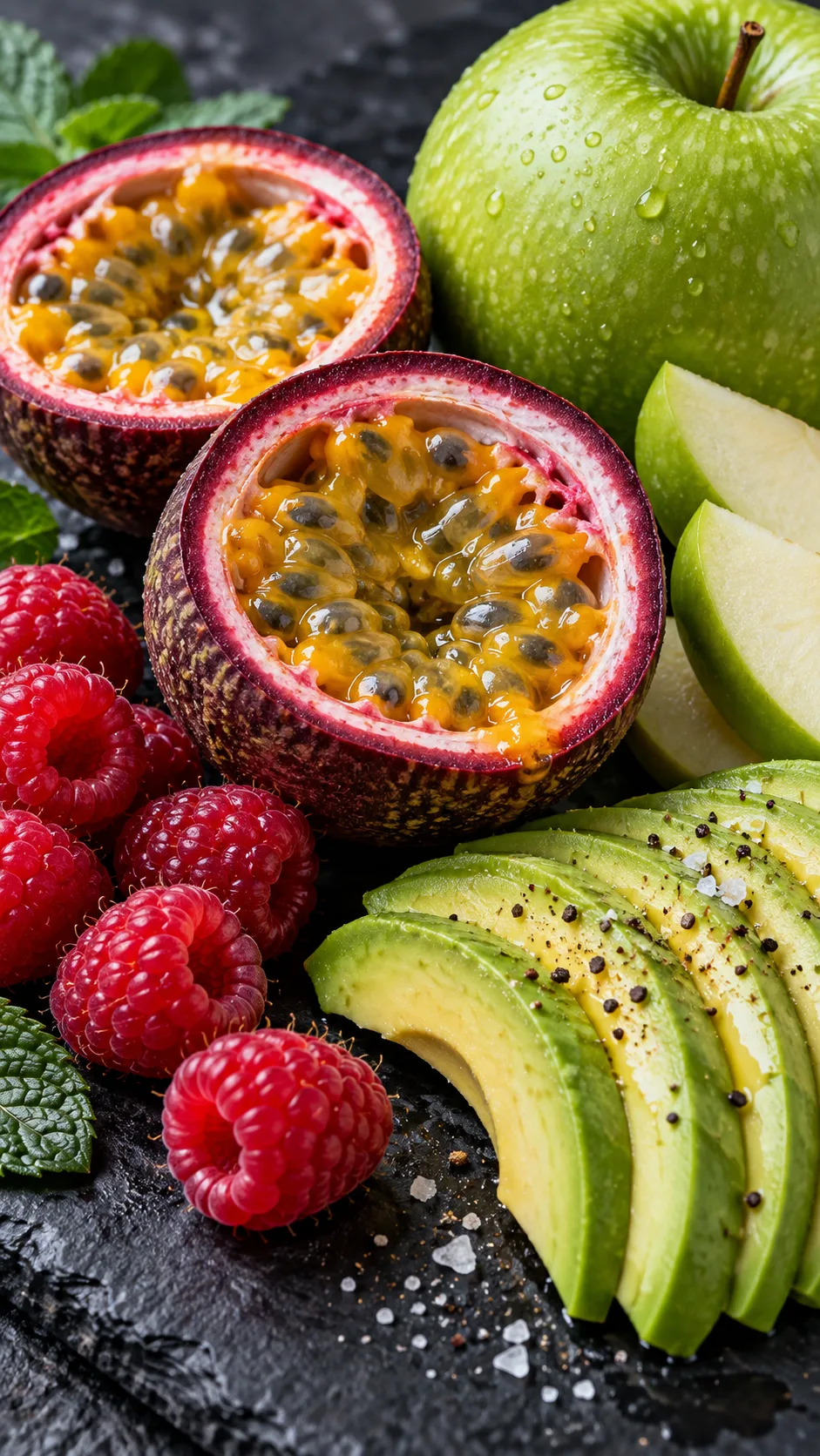 The Fruit Diet Plan That Actually Keeps You Full (No Starving Required) 2 Close-up macro shot of halved passion fruit, fresh raspberries, sliced avocado, and a crisp Granny Smith apple arranged on a dark slate board