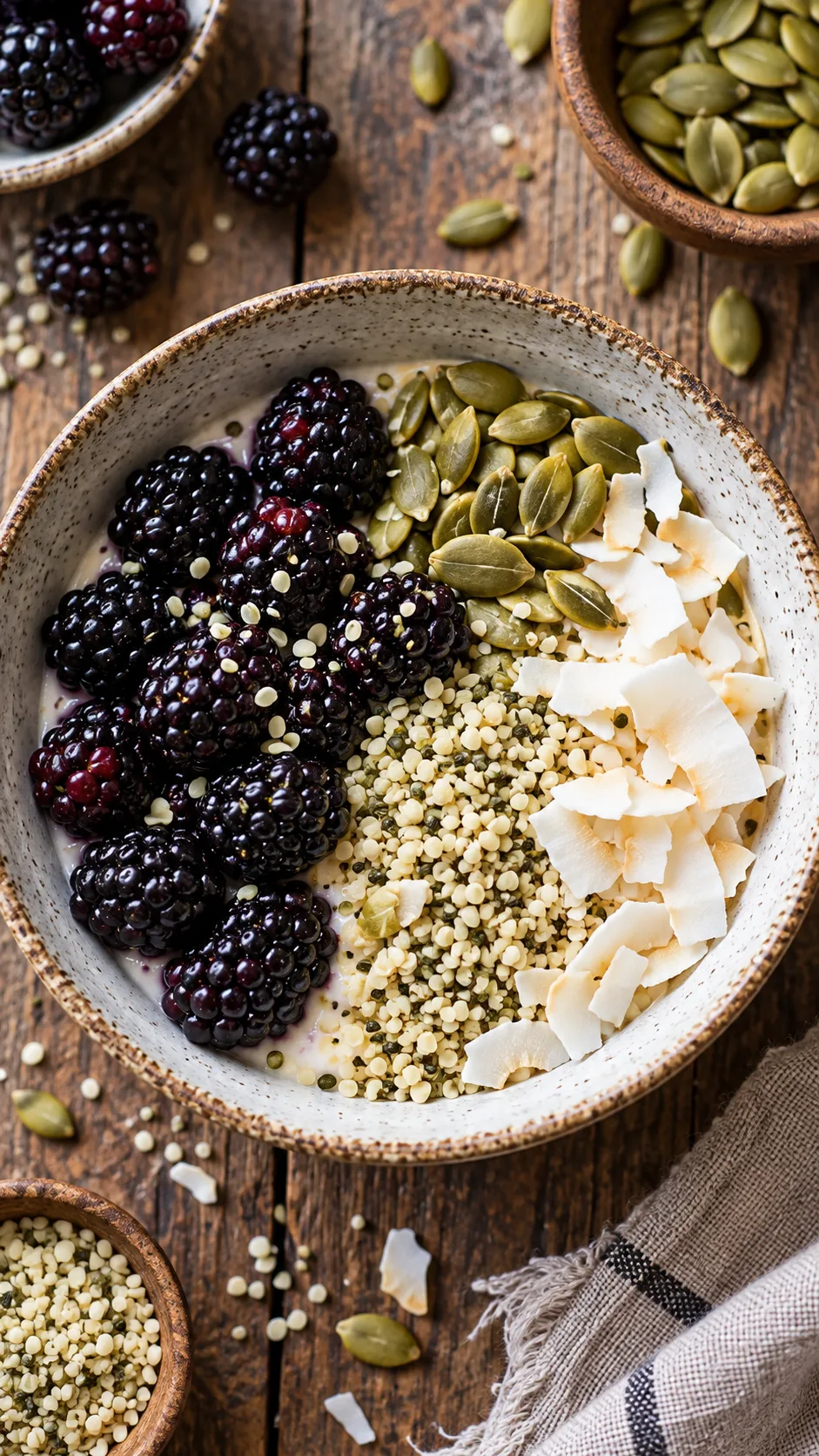 The Fruit Diet Plan That Actually Keeps You Full (No Starving Required) 3 A top-down aesthetic food photograph of a balanced satiety bowl containing blackberries, pumpkin seeds, hemp hearts, and coconut flakes against a rustic wooden surface