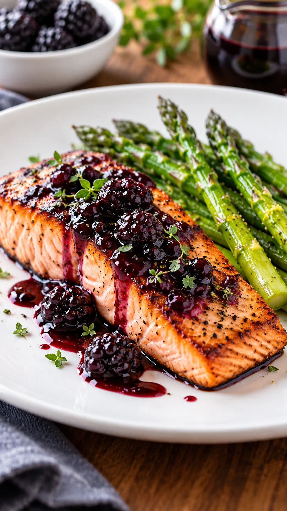 The Fruit Diet Plan That Actually Keeps You Full (No Starving Required) 4 A beautifully presented meal of grilled wild salmon garnished with a glossy fresh blackberry-balsamic reduction served beside bright green steamed asparagus on a modern white ceramic plate