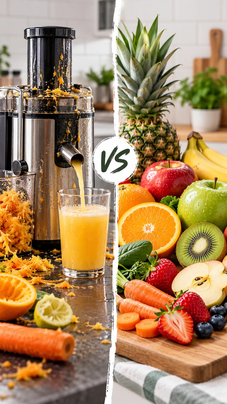 The Fruit Diet Plan That Actually Keeps You Full (No Starving Required) 5 Two contrasting kitchen counters: one with a messy commercial juicer producing thin fruit juice, the other with a cutting board featuring whole cut fruit with intact fiber and skins