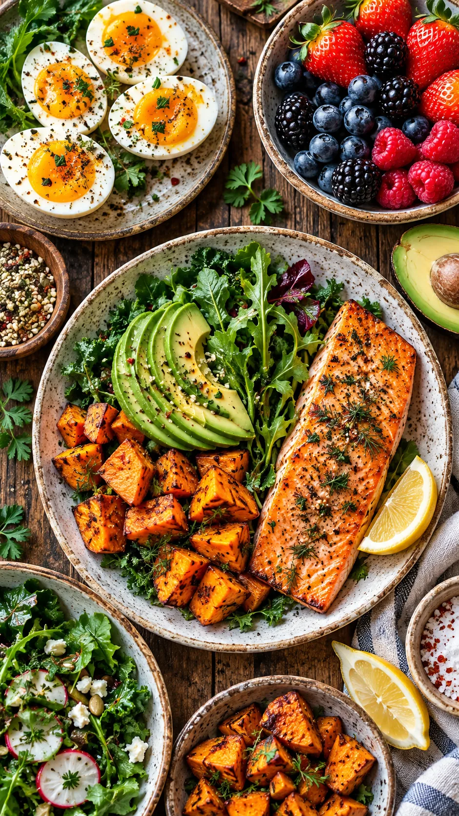 The Real Food Diet Reset That Actually Keeps You Full and Energized 1 Vibrant tabletop overhead view of a colorful whole food meal spread: pasture-raised eggs, sliced avocado, roasted sweet potatoes, fresh berries, wild salmon, and leafy greens arranged beautifully on rustic ceramic plates.