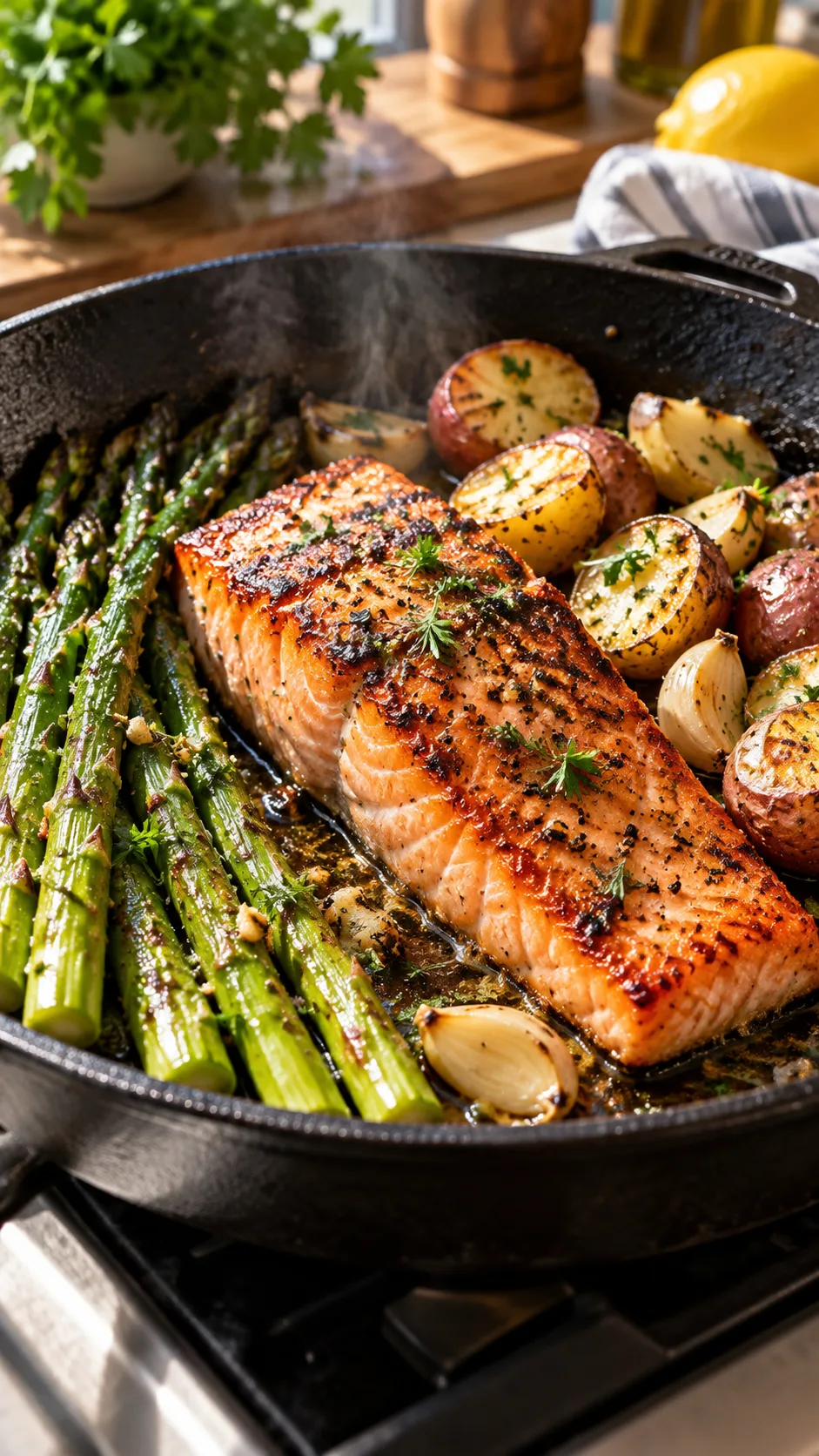 The Real Food Diet Reset That Actually Keeps You Full and Energized 3 Close-up of a skillet searing a wild salmon fillet next to sautéed asparagus, garlic cloves, and halved baby potatoes, captured in warm, natural kitchen sunlight.