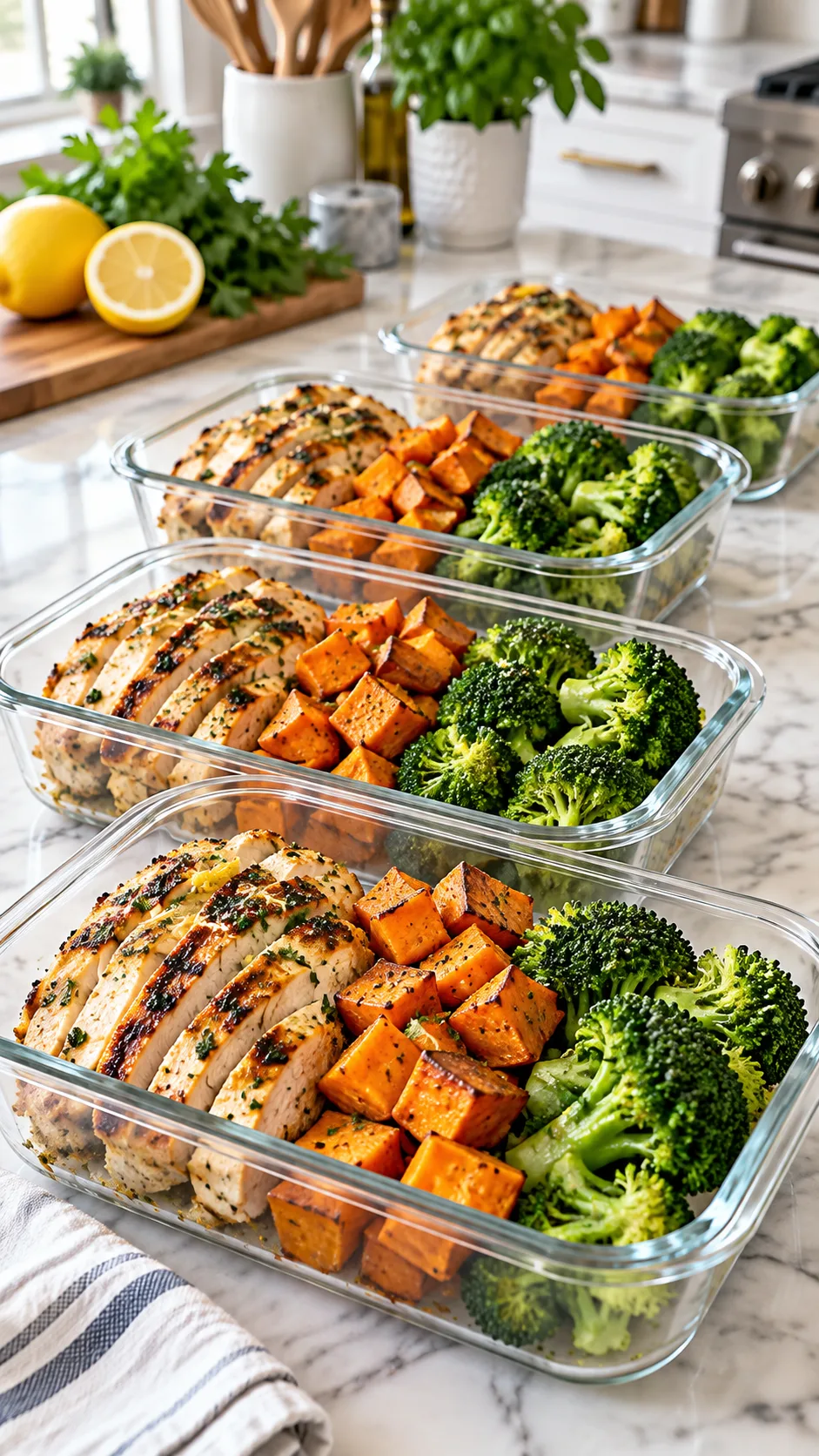 The Real Food Diet Reset That Actually Keeps You Full and Energized 4 Glass meal prep containers on a marble kitchen island filled with grilled lemon herb chicken, roasted sweet potato cubes, and steamed broccoli, ready for the week.