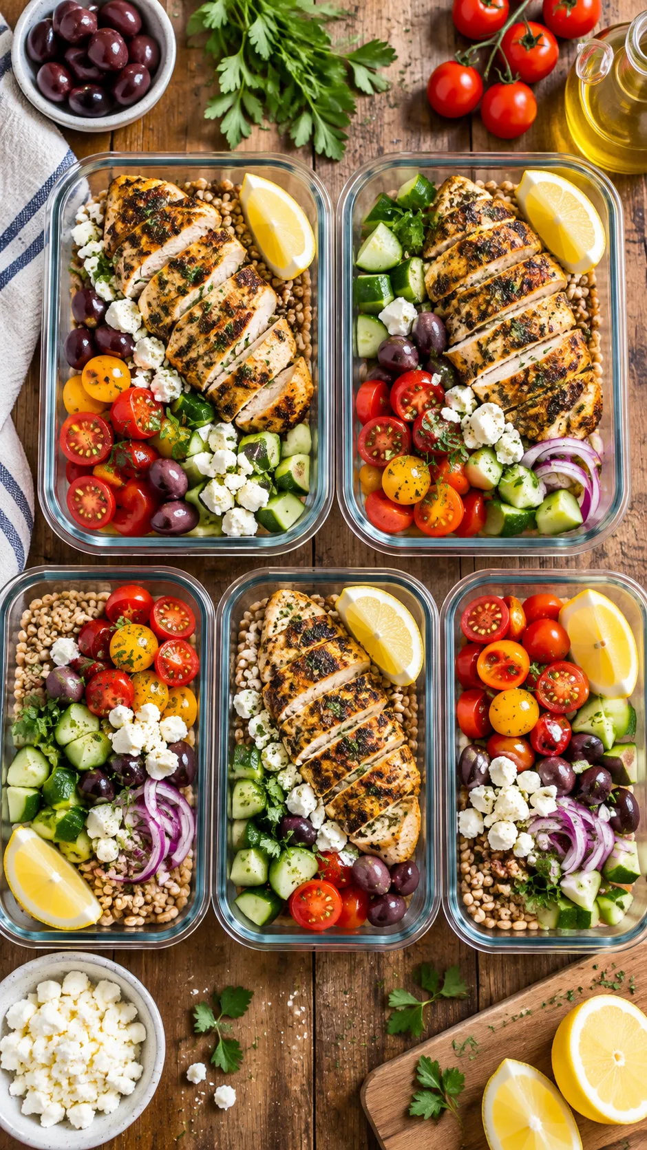 Mediterranean Meal Prep for the Week: Lunches & Dinners That Actually Keep You Full 1 Overhead flat lay of five glass meal prep containers arranged neatly on a rustic wooden countertop, showcasing colorful Mediterranean dishes including roasted chicken, kalamata olives, diced cucumbers, bright cherry tomatoes, farro, crumbled feta cheese, and wedges of lemon, natural bright kitchen light