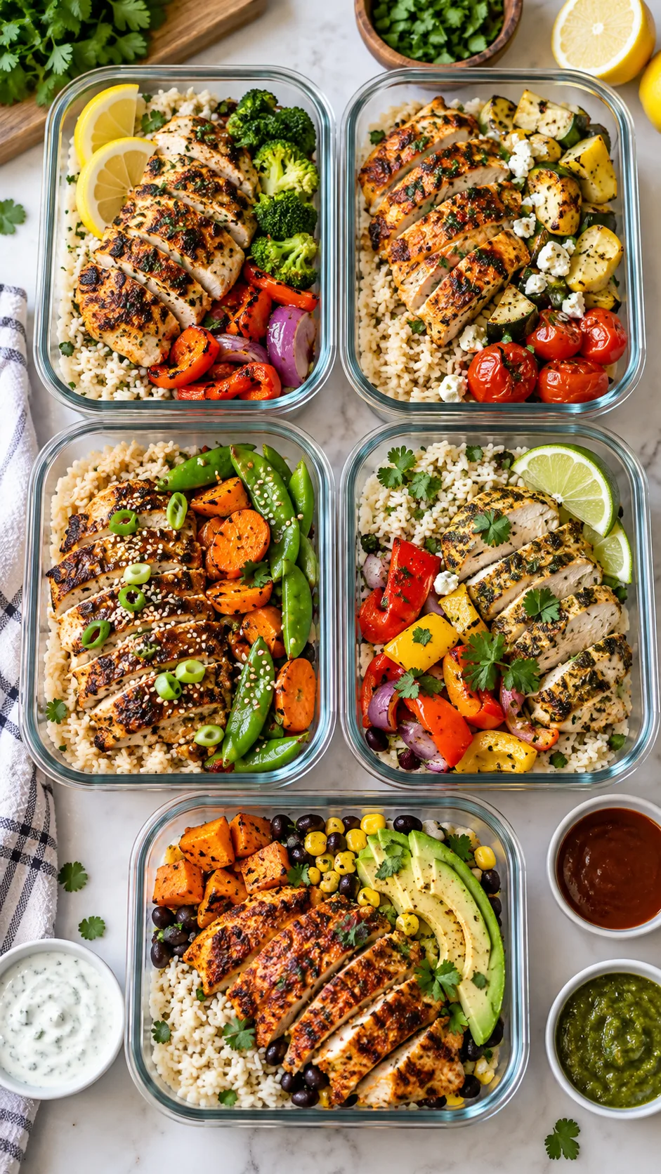 Chicken and Rice Meal Prep Done Right: High-Protein Bowls You'll Actually Want to Eat All Week 1 Bright natural-light food photography of five colorful high-protein chicken and rice meal prep bowls in glass containers, juicy seasoned chicken pieces, fluffy rice, roasted vegetables, fresh herbs, sauces in small cups, realistic home kitchen counter, overhead composition