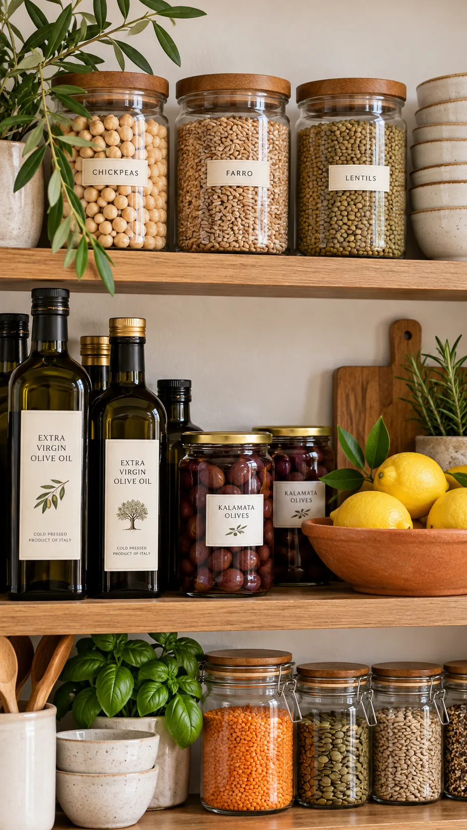 Mediterranean Meal Prep for the Week: Lunches & Dinners That Actually Keep You Full 2 Modern clean kitchen pantry shelf showing glass jars filled with dry chickpeas, farro, lentils, alongside dark glass bottles of extra virgin olive oil, jars of kalamata olives, and fresh lemons in a terracotta bowl