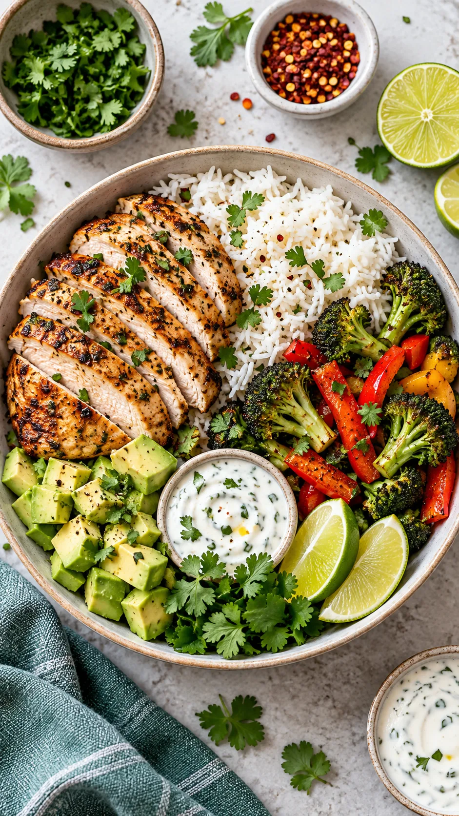 Chicken and Rice Meal Prep Done Right: High-Protein Bowls You'll Actually Want to Eat All Week 3 Editorial food photography showing a high-protein chicken rice bowl formula arranged in sections: sliced grilled chicken breast, fluffy jasmine rice, roasted broccoli and peppers, avocado, lime wedges, yogurt sauce and herbs, clean overhead layout with labels implied by arrangement