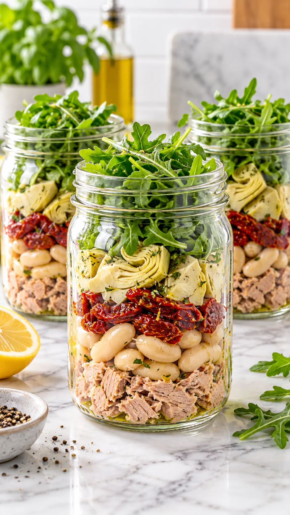 Mediterranean Meal Prep for the Week: Lunches & Dinners That Actually Keep You Full 3 Three clear glass mason jars filled with layered tuna, cannellini beans, sliced sun-dried tomatoes, artichoke hearts, and crisp green arugula on a bright marble kitchen counter