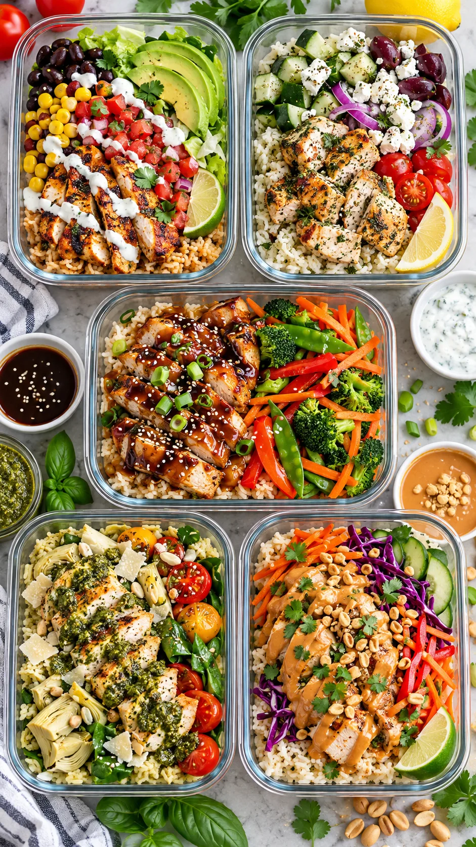 Chicken and Rice Meal Prep Done Right: High-Protein Bowls You'll Actually Want to Eat All Week 4 Colorful overhead meal prep photography featuring five different chicken and rice bowls in containers: burrito bowl, Greek bowl, teriyaki vegetable bowl, Mediterranean pesto bowl, spicy peanut bowl, distinct sauces and garnishes, vivid fresh ingredients, realistic food magazine style