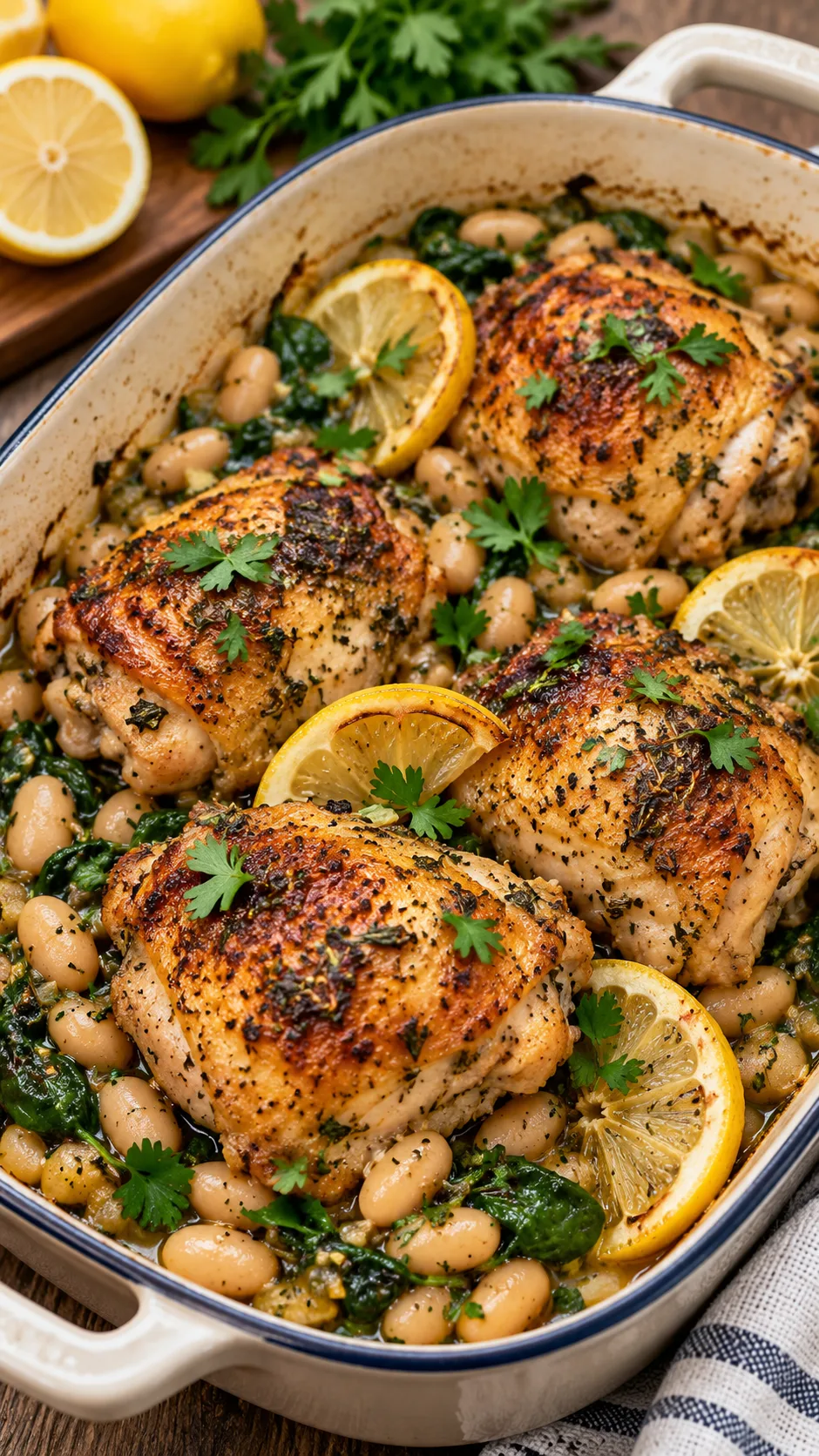 Mediterranean Meal Prep for the Week: Lunches & Dinners That Actually Keep You Full 4 Reheated roasted lemon herb chicken thighs resting on a bed of braised white beans and wilted spinach inside an oven-safe ceramic dish, garnished with fresh flat-leaf parsley and lemon slices