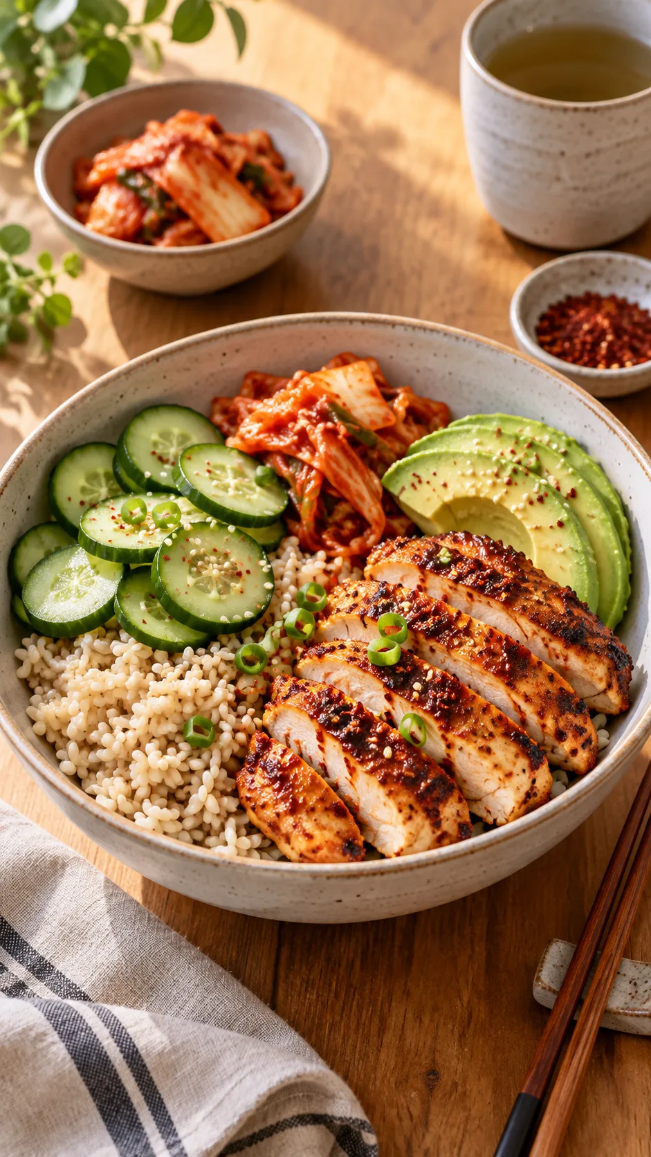 Editorial food photography of a healthy modern Korean meal, grilled chicken breast seasoned with gochugaru, brown rice, fresh cucumber slices, kimchi, and avocado arranged neatly in minimalist ceramic tableware on a bright wooden table.