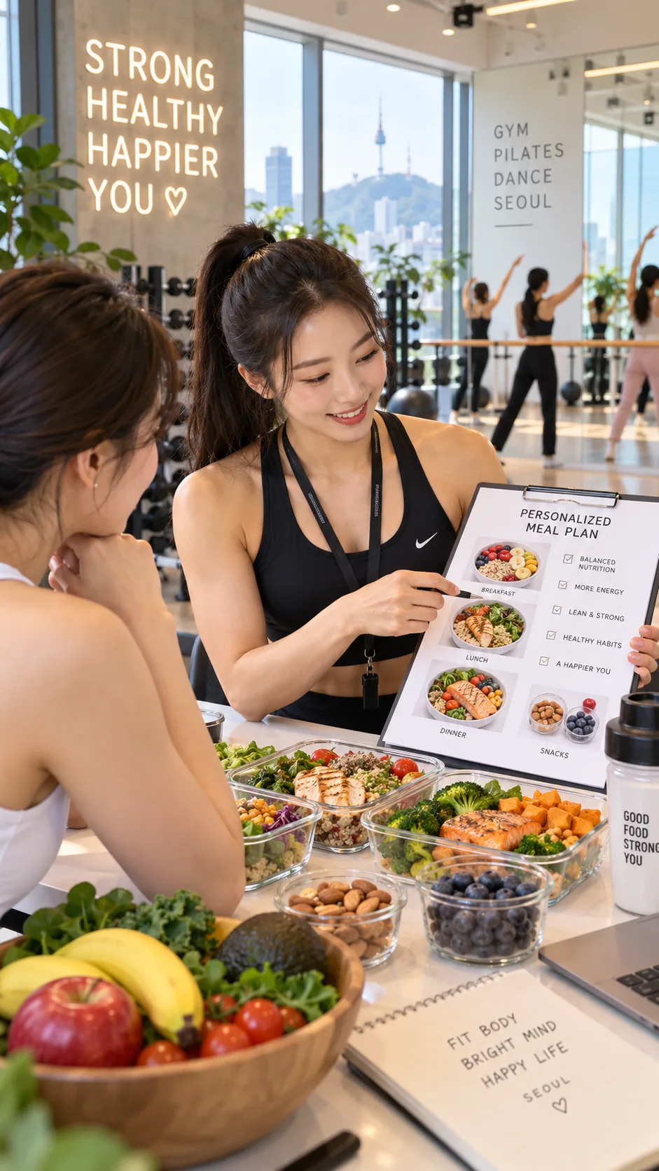 A modern bright professional gym and dance studio in Seoul where a female personal trainer reviews a balanced meal plan with fresh whole food containers on a table.